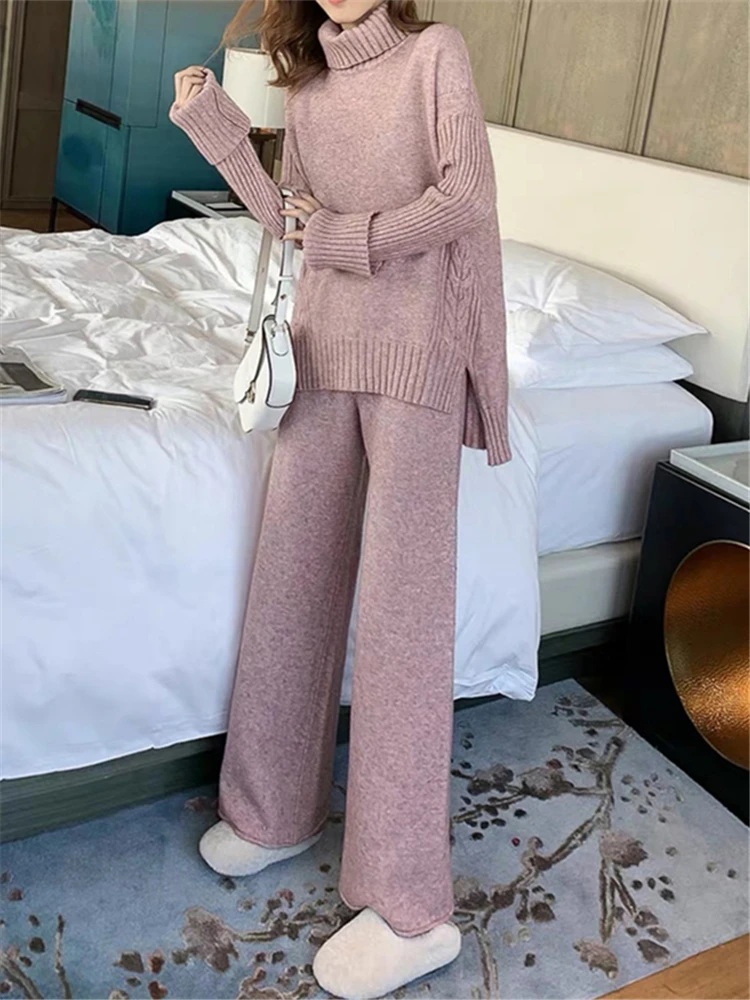 Autumn Winter 2 Pieces Women Sets Knitted Tracksuit 2025 New Turtleneck Sweater and Wide Leg Jogging Pant Pullover Suits