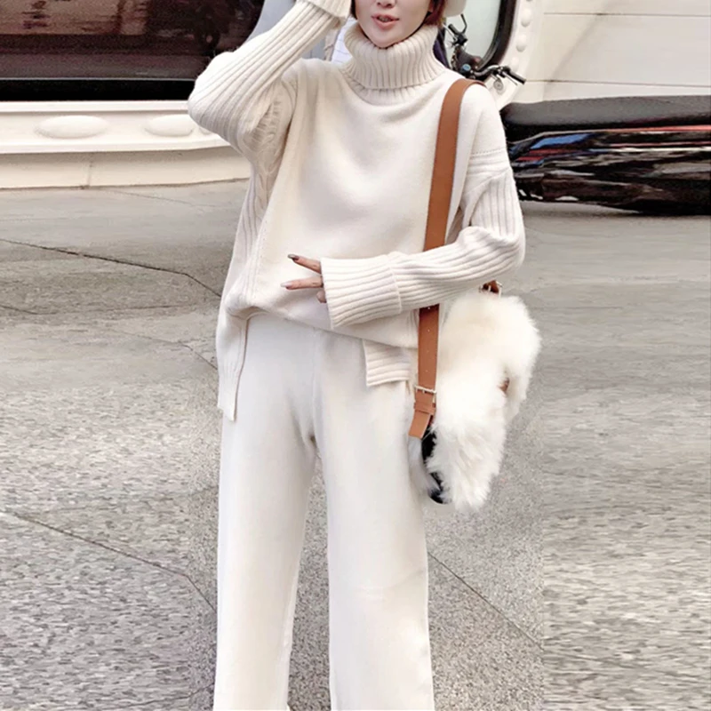 Autumn Winter 2 Pieces Women Sets Knitted Tracksuit 2025 New Turtleneck Sweater and Wide Leg Jogging Pant Pullover Suits