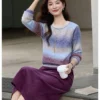 VIMLY Women's Autumn Two Piece Skirt Set 2025 Casual Ombre Purple Knit O-neck Tops Straight Long Skirts Elegant Skirt Suit A2539