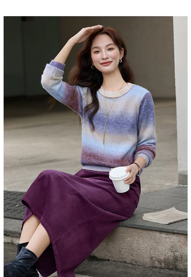 VIMLY Women's Autumn Two Piece Skirt Set 2025 Casual Ombre Purple Knit O-neck Tops Straight Long Skirts Elegant Skirt Suit A2539