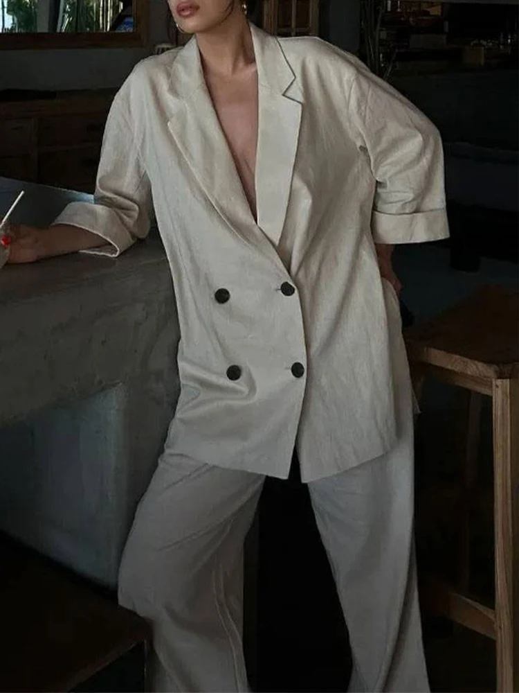 HH Women's Commuter Suit 2-piece Retro Wrinkle Effect Double-breasted Blazer + High-waisted Women's Casual Lace-up Trousers