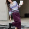 VIMLY Women's Autumn Two Piece Skirt Set 2025 Casual Ombre Purple Knit O-neck Tops Straight Long Skirts Elegant Skirt Suit A2539
