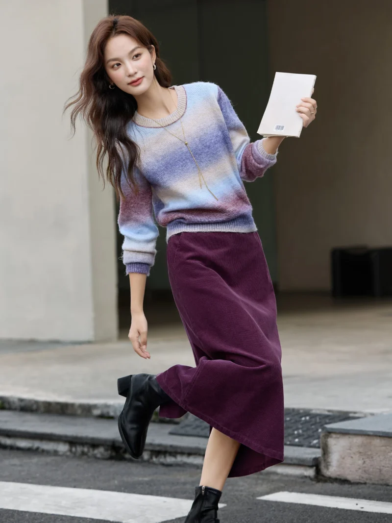 VIMLY Women's Autumn Two Piece Skirt Set 2025 Casual Ombre Purple Knit O-neck Tops Straight Long Skirts Elegant Skirt Suit A2539