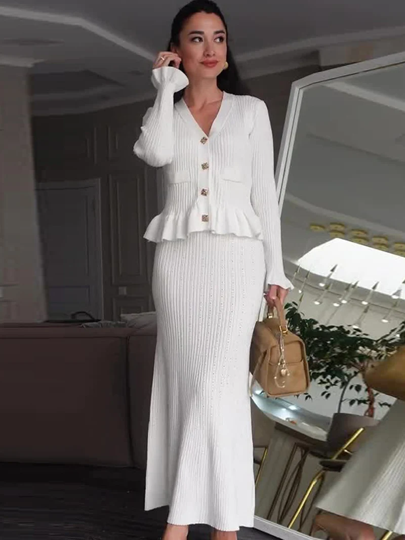 DGLUKE Knitted 2 Pieces Set For Woman Long Sleeve Top And Long Skirt Set 2 Piece Elegant Outfits Sweater Matching Sets