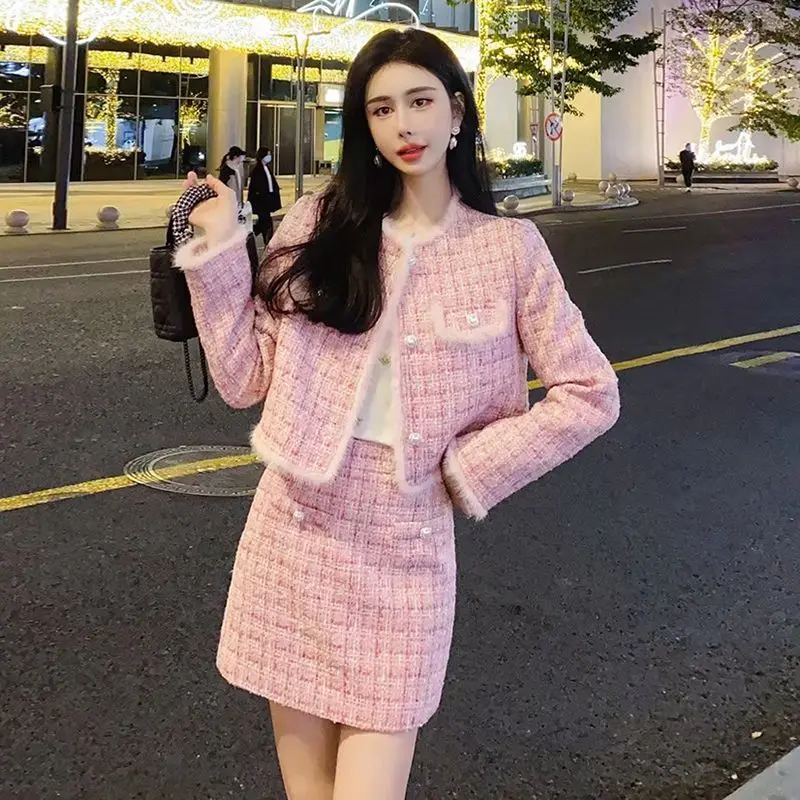 Winter Korean Fashion Women's Two Pieces Set Pink French Elegant Retro Office Lady Slimming Tweed Suit Set Blazer and Skirt Set