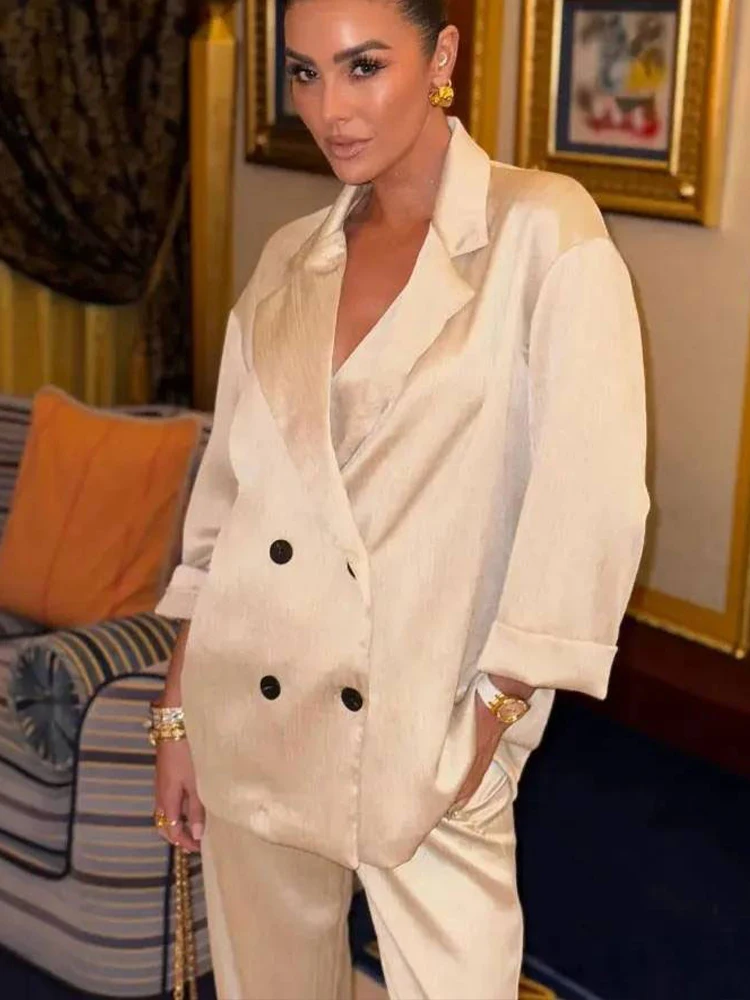 HH Women's Commuter Suit 2-piece Retro Wrinkle Effect Double-breasted Blazer + High-waisted Women's Casual Lace-up Trousers