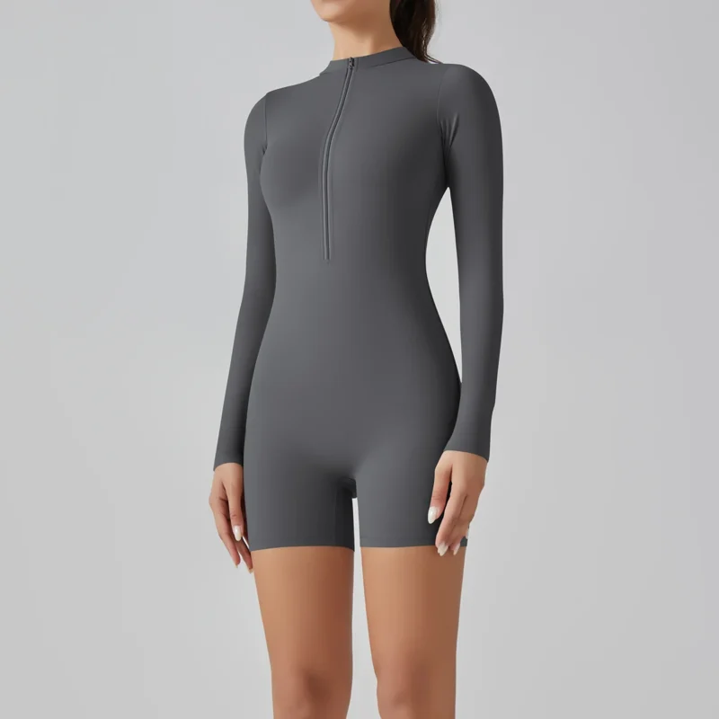 Zipper Tracksuit Set Women Yoga Jumpsuit Stand Collar Half Long Sleeved High Waist Butt Lift Fitness Sports Bodysuit Leggings