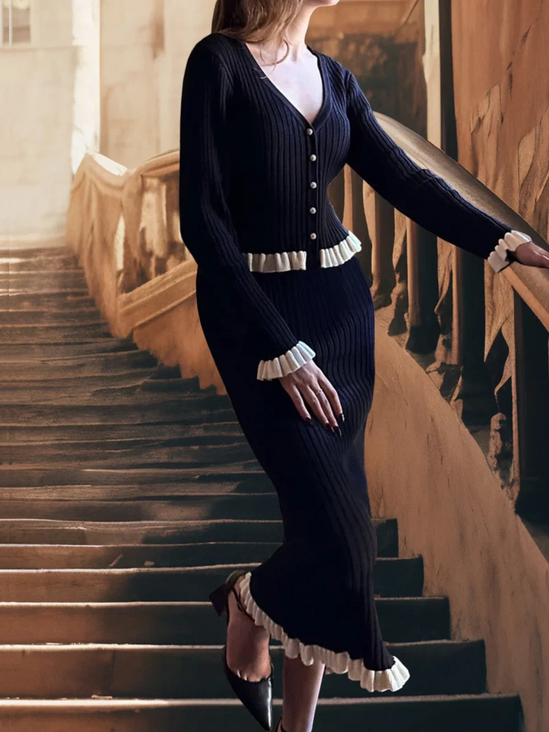 DGLUKE Knitted 2 Pieces Set For Woman Long Sleeve Top And Long Skirt Set 2 Piece Elegant Outfits Sweater Matching Sets