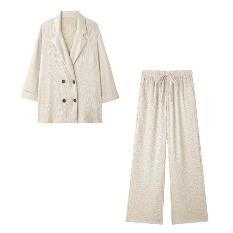 HH Women's Commuter Suit 2-piece Retro Wrinkle Effect Double-breasted Blazer + High-waisted Women's Casual Lace-up Trousers