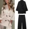 HH Women's Commuter Suit 2-piece Retro Wrinkle Effect Double-breasted Blazer + High-waisted Women's Casual Lace-up Trousers