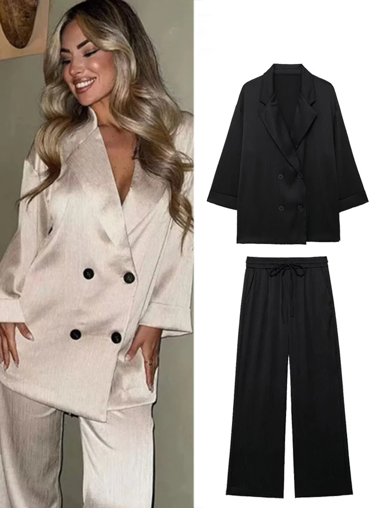 HH Women's Commuter Suit 2-piece Retro Wrinkle Effect Double-breasted Blazer + High-waisted Women's Casual Lace-up Trousers