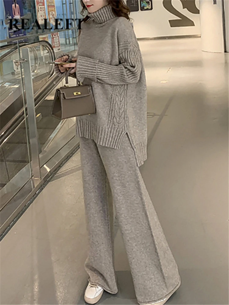 Autumn Winter 2 Pieces Women Sets Knitted Tracksuit 2025 New Turtleneck Sweater and Wide Leg Jogging Pant Pullover Suits