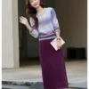 VIMLY Women's Autumn Two Piece Skirt Set 2025 Casual Ombre Purple Knit O-neck Tops Straight Long Skirts Elegant Skirt Suit A2539