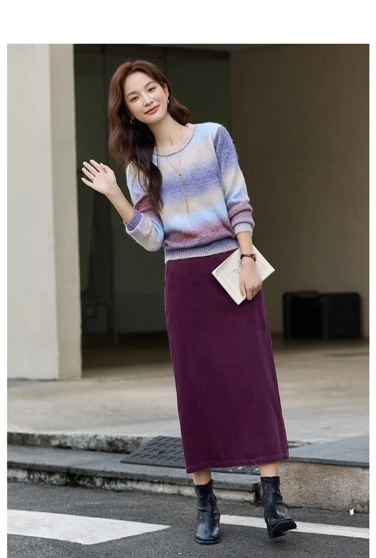 VIMLY Women's Autumn Two Piece Skirt Set 2025 Casual Ombre Purple Knit O-neck Tops Straight Long Skirts Elegant Skirt Suit A2539