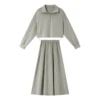 S2f9921bbaf3047d581e83bee77700ceae.webp VIMLY 2 Piece Sweatshirt Skirt Set Woman Outfits 2026 Casual Cotton Blend Ladies Zipper Lapel Top Skirt Clothing Sets A0168