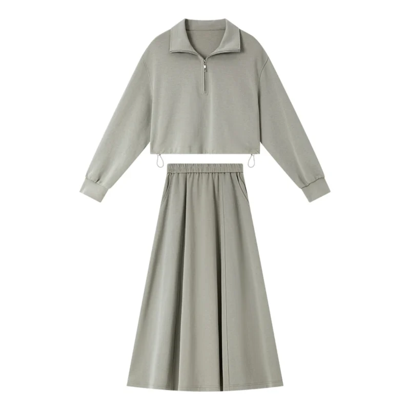 S2f9921bbaf3047d581e83bee77700ceae.webp VIMLY 2 Piece Sweatshirt Skirt Set Woman Outfits 2026 Casual Cotton Blend Ladies Zipper Lapel Top Skirt Clothing Sets A0168