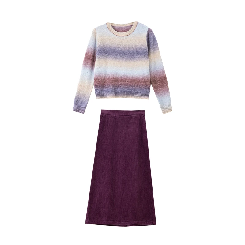 VIMLY Women's Autumn Two Piece Skirt Set 2025 Casual Ombre Purple Knit O-neck Tops Straight Long Skirts Elegant Skirt Suit A2539