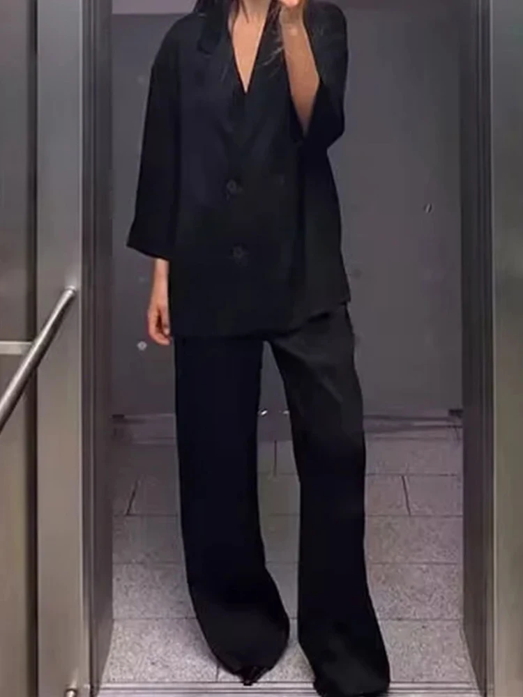 HH Women's Commuter Suit 2-piece Retro Wrinkle Effect Double-breasted Blazer + High-waisted Women's Casual Lace-up Trousers