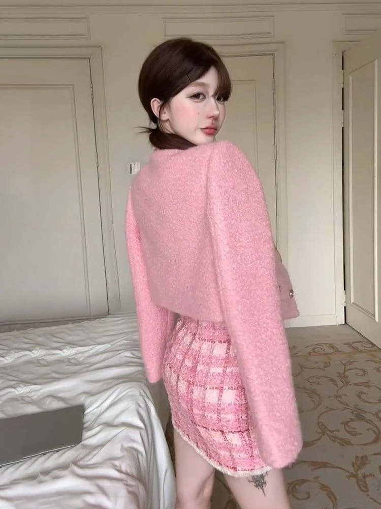 Winter Korean Fashion Women's Two Pieces Set Pink French Elegant Retro Office Lady Slimming Tweed Suit Set Blazer and Skirt Set