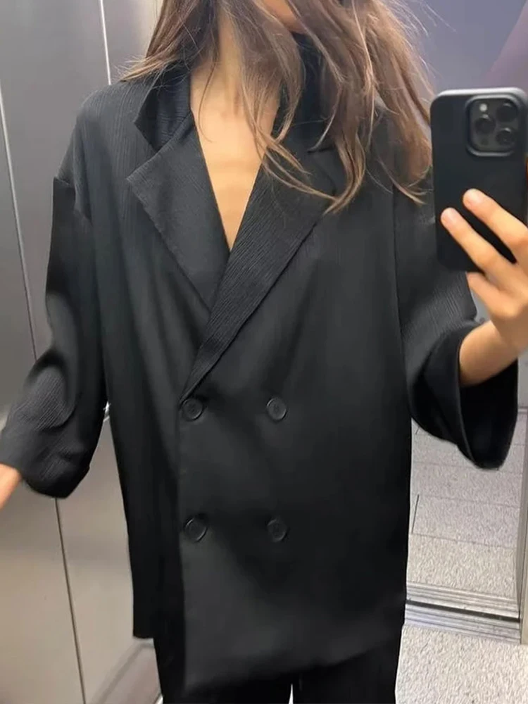 HH Women's Commuter Suit 2-piece Retro Wrinkle Effect Double-breasted Blazer + High-waisted Women's Casual Lace-up Trousers