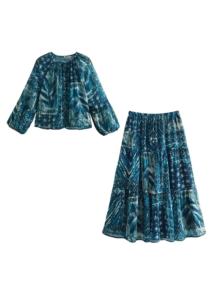 S3d2aa8b3cc3944cf865c1ff7b7158fef0.webp 2024 New Women Long Skirt Set Casual Long Sleeve Print Shirts + High Waist Slim Ankle-Length Skirts Set