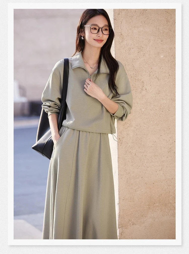 S3de5d91a02e54a8584272ff1c09c79e4t.webp VIMLY 2 Piece Sweatshirt Skirt Set Woman Outfits 2026 Casual Cotton Blend Ladies Zipper Lapel Top Skirt Clothing Sets A0168