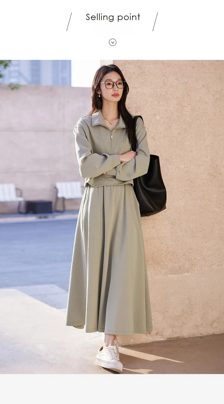 S3e7dfc608b894c058c04b8c6d3495033Q.webp VIMLY 2 Piece Sweatshirt Skirt Set Woman Outfits 2026 Casual Cotton Blend Ladies Zipper Lapel Top Skirt Clothing Sets A0168