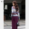 VIMLY Women's Autumn Two Piece Skirt Set 2025 Casual Ombre Purple Knit O-neck Tops Straight Long Skirts Elegant Skirt Suit A2539