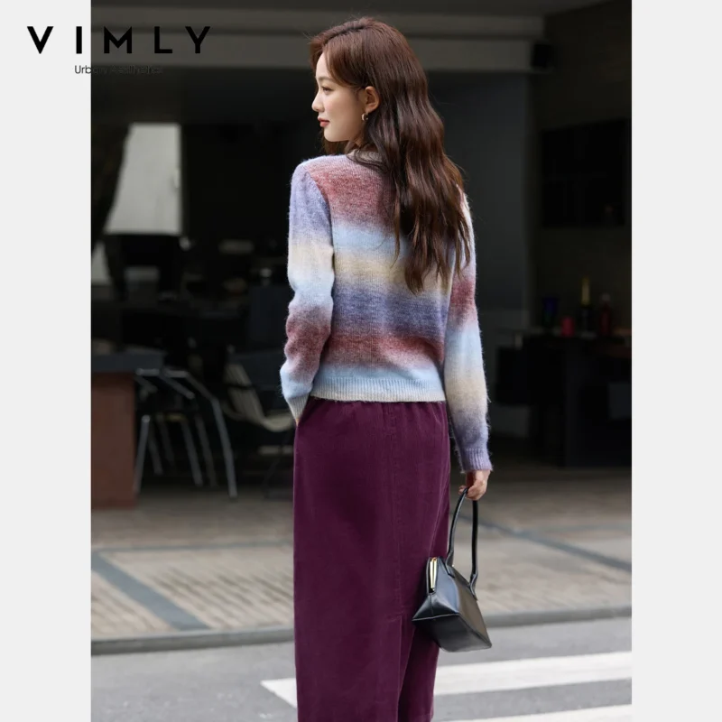 VIMLY Women's Autumn Two Piece Skirt Set 2025 Casual Ombre Purple Knit O-neck Tops Straight Long Skirts Elegant Skirt Suit A2539