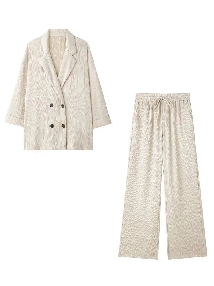 HH Women's Commuter Suit 2-piece Retro Wrinkle Effect Double-breasted Blazer + High-waisted Women's Casual Lace-up Trousers