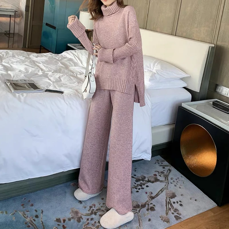 Autumn Winter 2 Pieces Women Sets Knitted Tracksuit 2025 New Turtleneck Sweater and Wide Leg Jogging Pant Pullover Suits
