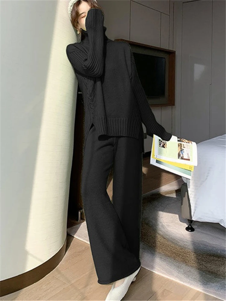 Autumn Winter 2 Pieces Women Sets Knitted Tracksuit 2025 New Turtleneck Sweater and Wide Leg Jogging Pant Pullover Suits