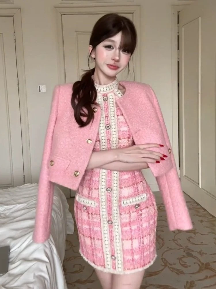 Winter Korean Fashion Women's Two Pieces Set Pink French Elegant Retro Office Lady Slimming Tweed Suit Set Blazer and Skirt Set