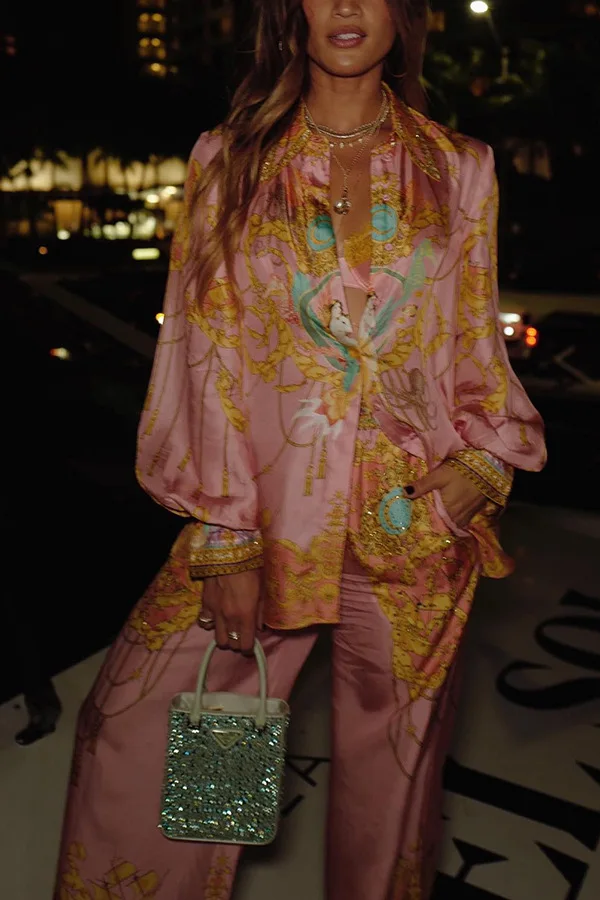 S5219fac1750c47e1a120ffce692776f7B.webp CHICEVER Casual Vacation Two Piece Set for Women Laple Long Sleeve Pink Printed Shirt High Waist Trousers Suit Female Autumn New