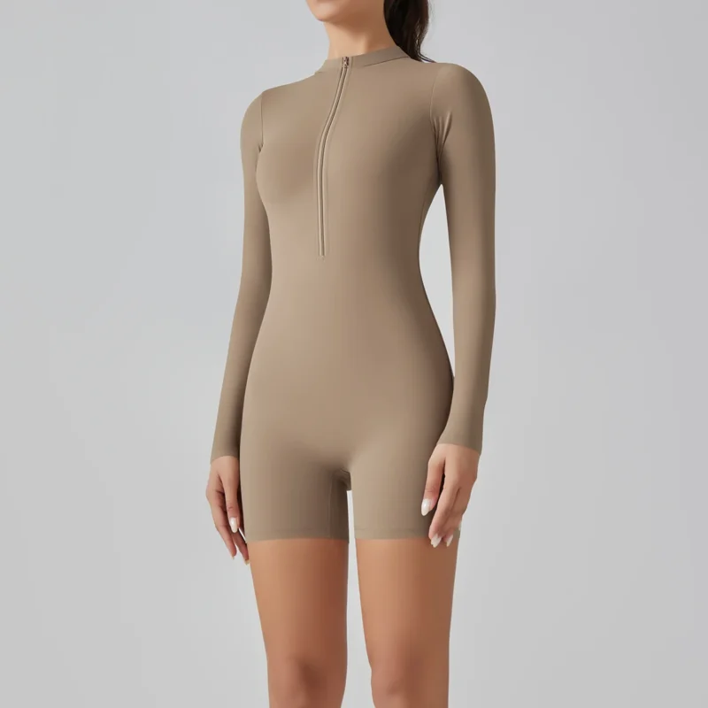 Zipper Tracksuit Set Women Yoga Jumpsuit Stand Collar Half Long Sleeved High Waist Butt Lift Fitness Sports Bodysuit Leggings