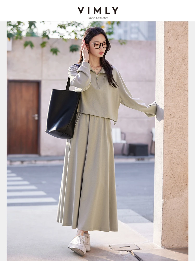 S59140a3555ab498c86b8af5ac2bf05fde.webp VIMLY 2 Piece Sweatshirt Skirt Set Woman Outfits 2026 Casual Cotton Blend Ladies Zipper Lapel Top Skirt Clothing Sets A0168
