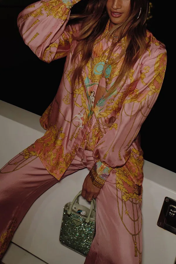 S59c66ce510c34a578875b63e433afff7Z.webp CHICEVER Casual Vacation Two Piece Set for Women Laple Long Sleeve Pink Printed Shirt High Waist Trousers Suit Female Autumn New