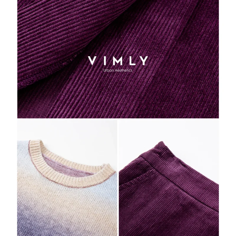 VIMLY Women's Autumn Two Piece Skirt Set 2025 Casual Ombre Purple Knit O-neck Tops Straight Long Skirts Elegant Skirt Suit A2539