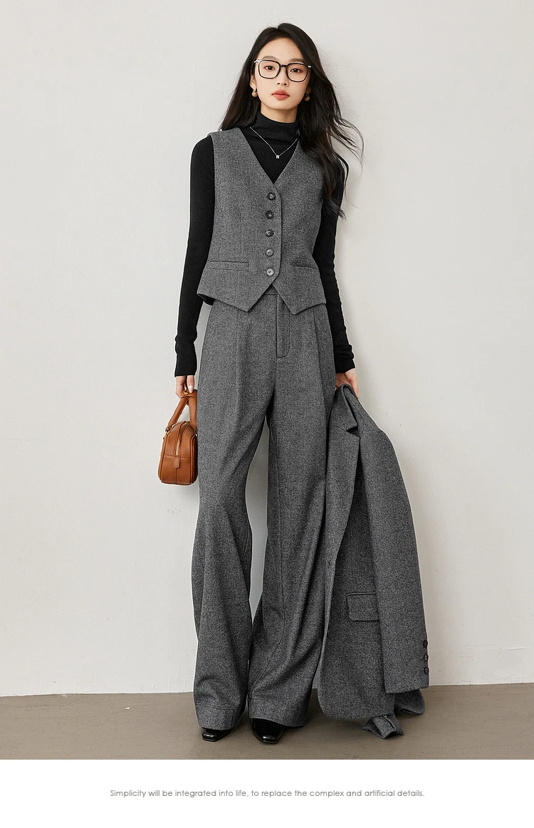 VIMLY Women's Simple 2025 Spring Business Blazer Versatile Suit V-Neck Short Jackets+Vest+Pants Commuter Elegant Pants 3pcs Set