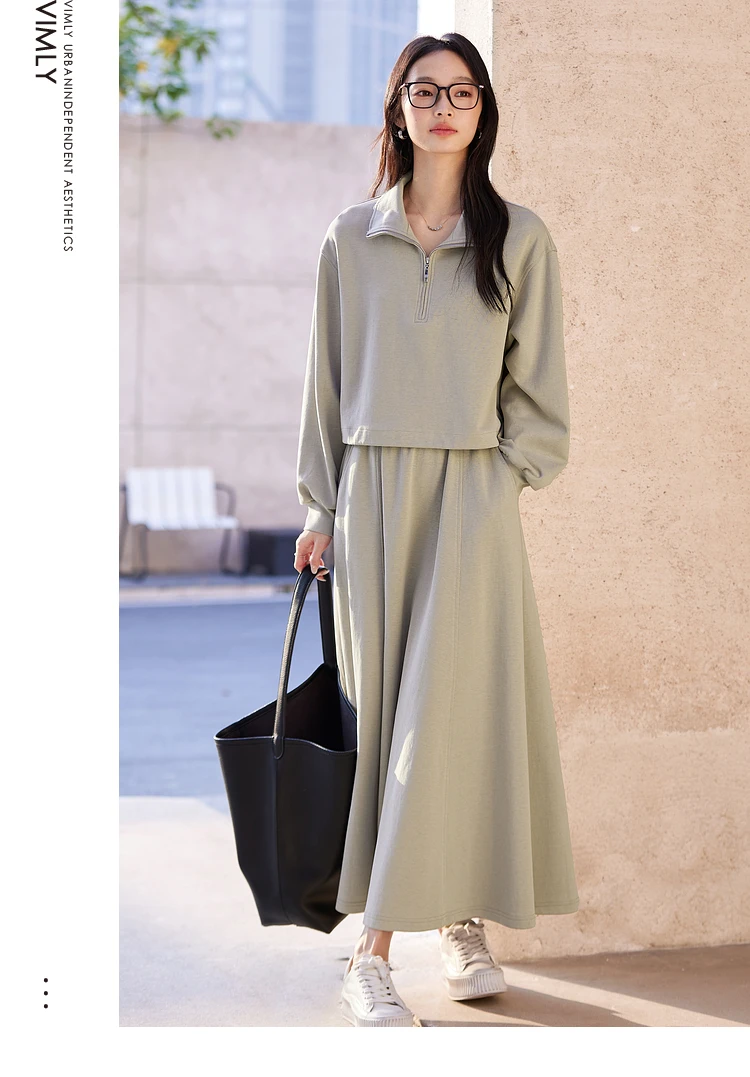 S5db3350158d54f3298d957eb337c35d5k.webp VIMLY 2 Piece Sweatshirt Skirt Set Woman Outfits 2026 Casual Cotton Blend Ladies Zipper Lapel Top Skirt Clothing Sets A0168