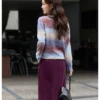 VIMLY Women's Autumn Two Piece Skirt Set 2025 Casual Ombre Purple Knit O-neck Tops Straight Long Skirts Elegant Skirt Suit A2539