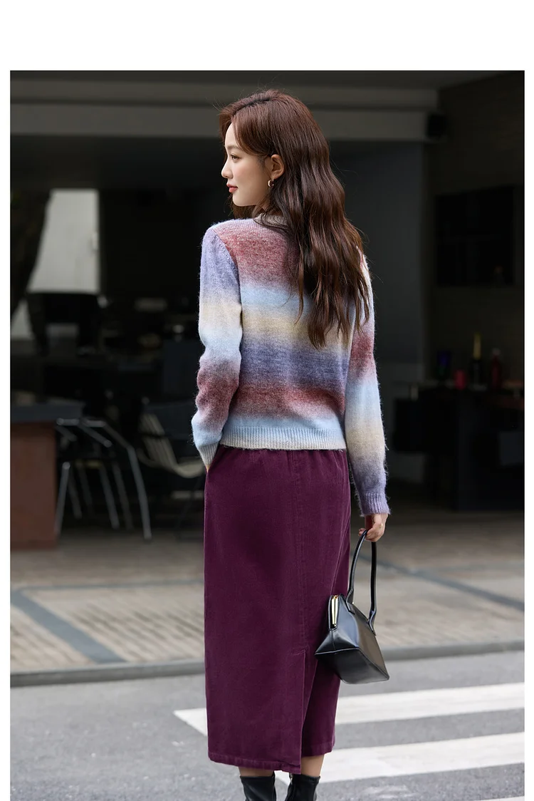 VIMLY Women's Autumn Two Piece Skirt Set 2025 Casual Ombre Purple Knit O-neck Tops Straight Long Skirts Elegant Skirt Suit A2539
