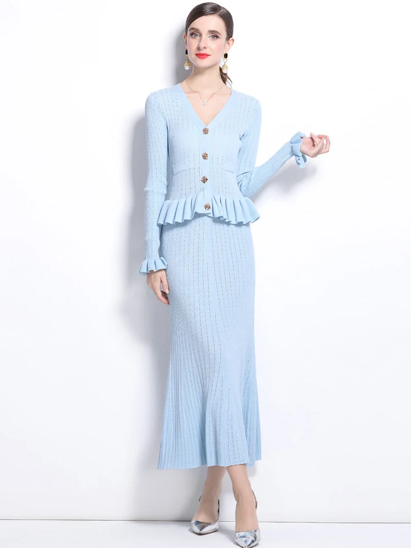 DGLUKE Knitted 2 Pieces Set For Woman Long Sleeve Top And Long Skirt Set 2 Piece Elegant Outfits Sweater Matching Sets