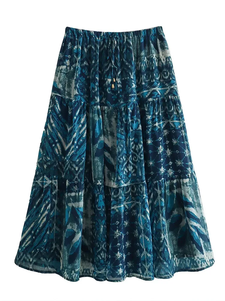 S62027cc097514f41ac5b41194fcd13367.webp 2024 New Women Long Skirt Set Casual Long Sleeve Print Shirts + High Waist Slim Ankle-Length Skirts Set