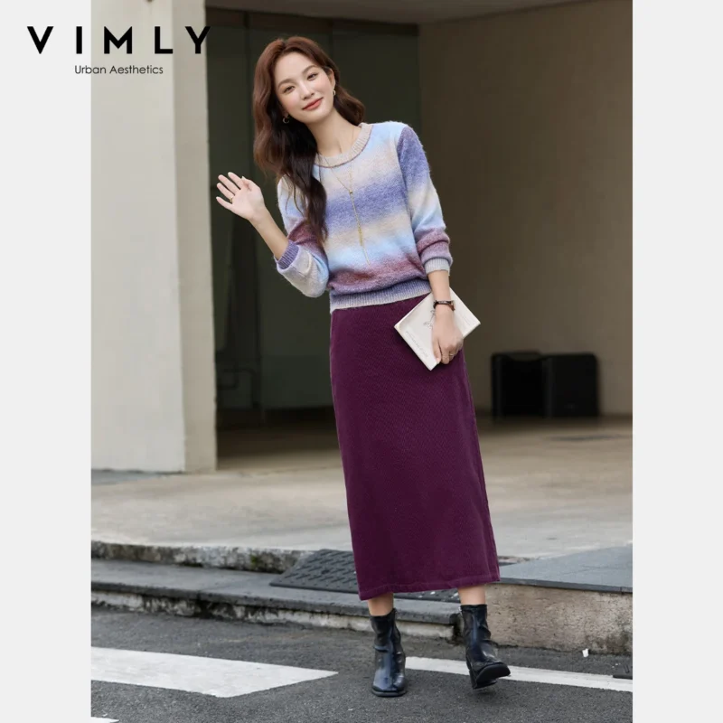 VIMLY Women's Autumn Two Piece Skirt Set 2025 Casual Ombre Purple Knit O-neck Tops Straight Long Skirts Elegant Skirt Suit A2539