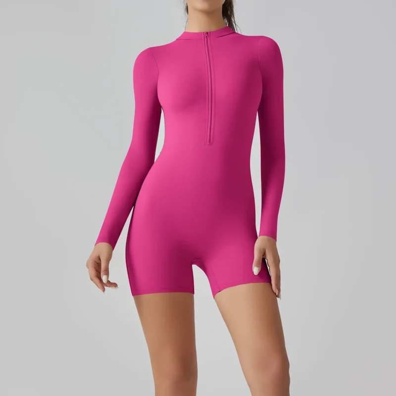 Zipper Tracksuit Set Women Yoga Jumpsuit Stand Collar Half Long Sleeved High Waist Butt Lift Fitness Sports Bodysuit Leggings