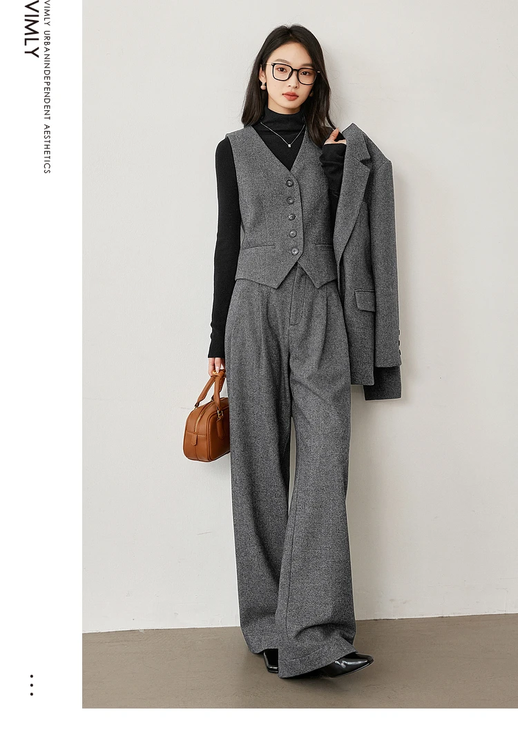 VIMLY Women's Simple 2025 Spring Business Blazer Versatile Suit V-Neck Short Jackets+Vest+Pants Commuter Elegant Pants 3pcs Set