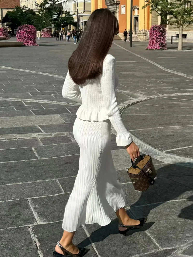 DGLUKE Knitted 2 Pieces Set For Woman Long Sleeve Top And Long Skirt Set 2 Piece Elegant Outfits Sweater Matching Sets