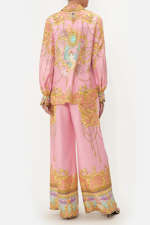 S6b056f5e50734c238c5935bcdf43ca24m.webp CHICEVER Casual Vacation Two Piece Set for Women Laple Long Sleeve Pink Printed Shirt High Waist Trousers Suit Female Autumn New