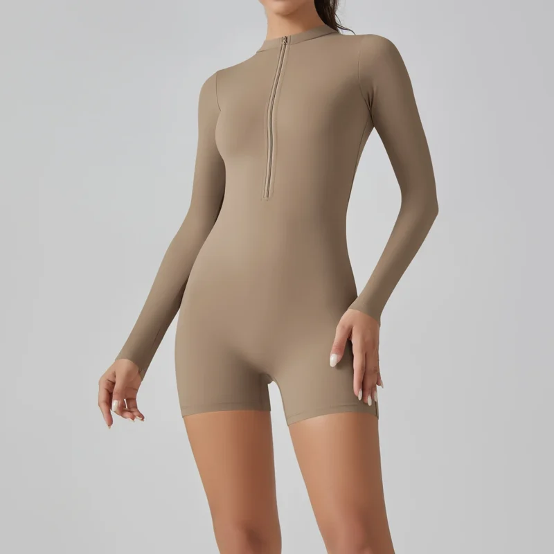 Zipper Tracksuit Set Women Yoga Jumpsuit Stand Collar Half Long Sleeved High Waist Butt Lift Fitness Sports Bodysuit Leggings